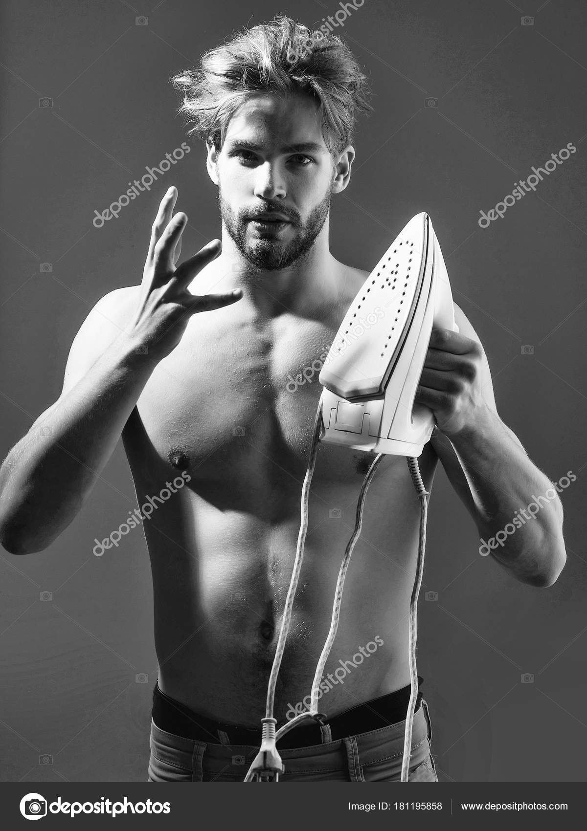 Young Sexy Handsome Topless Man Messy Hair Beige Pants White