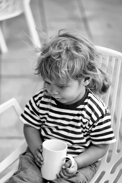 Cute Baby Boy Child Curly Blond Hair Striped Shirt Drinks — Stock Photo, Image