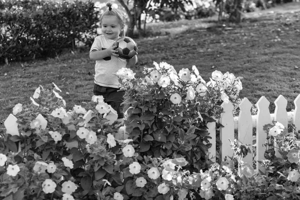 Tuin Met Bloeiende Bloemen Zonnige Zomerdag Natuurlijke Achtergrond Gelukkig Schattige — Stockfoto