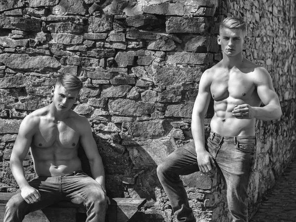 Due Fratelli Gemelli Culturisti Muscolosi Con Petto Nudo Forti Giovani — Foto Stock