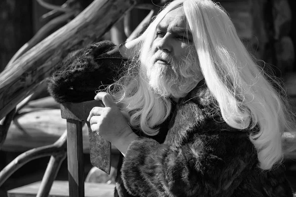 Homem Velho Druida Com Cabelos Longos Prata Barba Casaco Pele — Fotografia de Stock