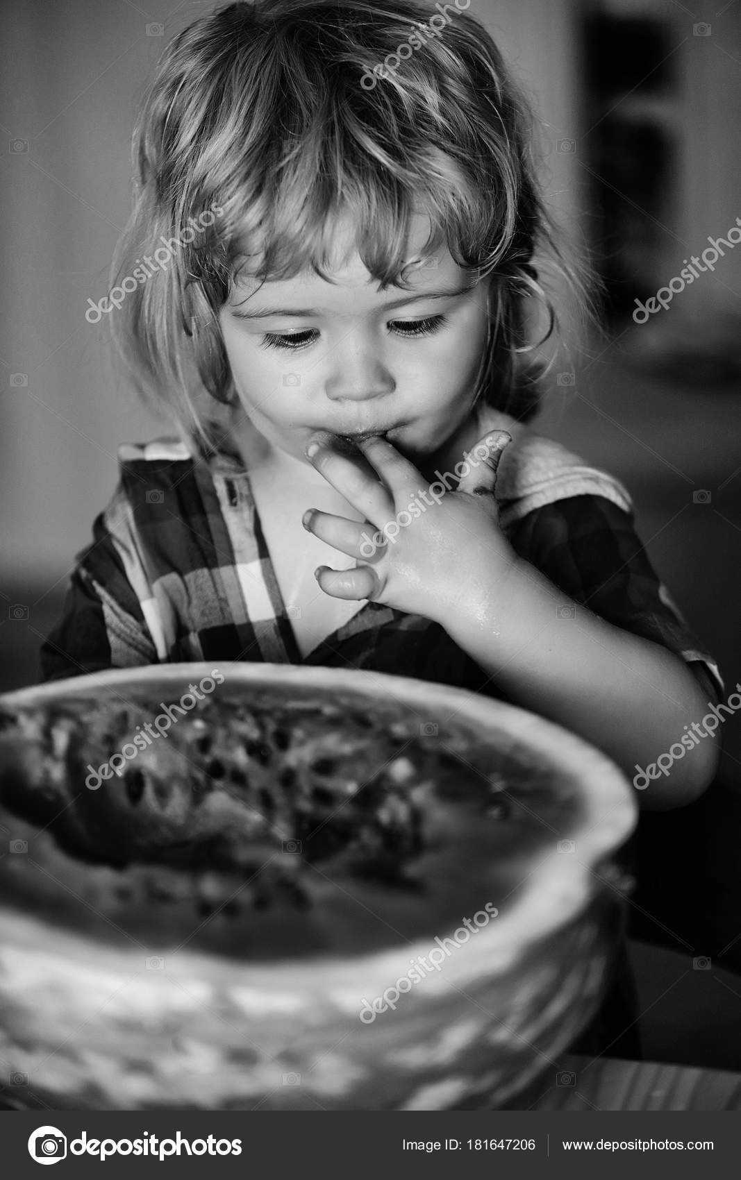 Small Cute Baby Boy Child Blonde Hair Happy Face Eating Stock