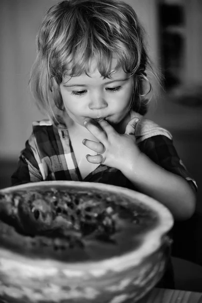 Small Cute Baby Boy Child Blonde Hair Happy Face Eating — Stock Photo, Image