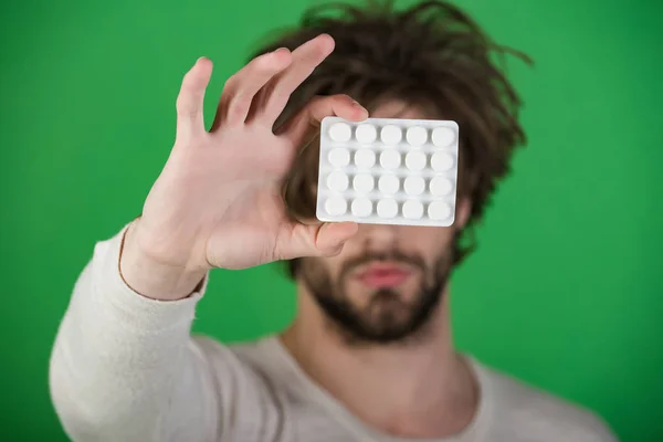 Uomo Con Pillole Blister Droga Antidepressivo Insonnia Pillola Dimagrante Vitamina — Foto Stock