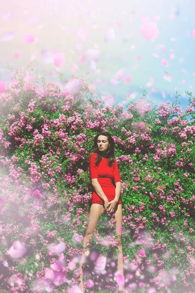 Kvinna i blommor. Kvinna med vårblommor. — Stockfoto