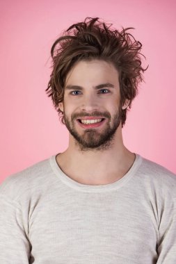 Pembe bir arka plan üzerinde sakallı uykulu adam. İç çamaşırı dağınık saçlı adam. Uykusuzluk, enerji, uncombed saçlı tek. Sabah Uyan, günlük hayatın. Berber ve Kuaför, erkek moda.