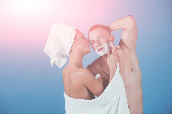 Morgon Grooming Sexiga Par Morgon Kvinnan Och Mannen Som Putsning — Stockfoto