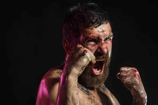 El hombre grita en posición de lucha con sangre en la cara, puños —  Fotos de Stock