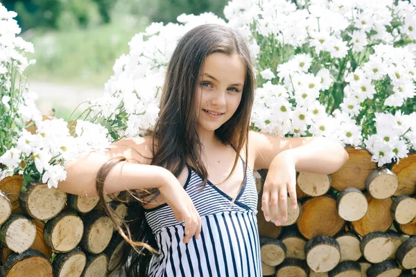 Pequeño niño en la cerca de madera con flores de manzanilla, belleza —  Fotos de Stock