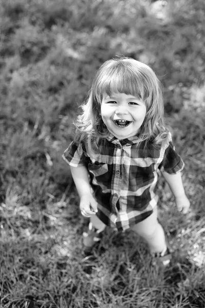 Menino pequeno feliz na grama verde — Fotografia de Stock