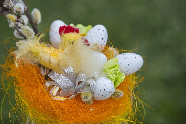 Gallo con huevos de Pascua en nido sobre fondo natural — Foto de Stock