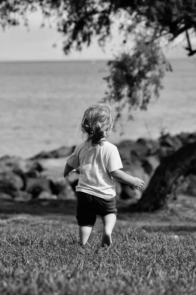 Cute baby boy runs on green grass — Stock Photo, Image