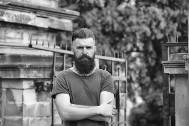 Mavi gökyüzü üzerinde sakallı adam