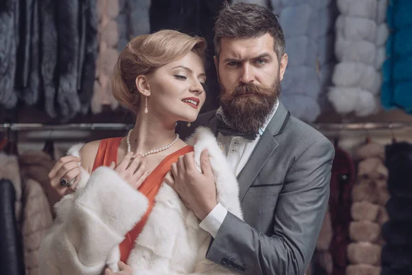 luxury, couple in love among fur coat.
