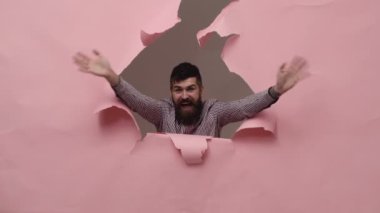 Pembe bir arka plan üzerinde mutlu sakallı adam. Farklı duygular shoving sakallı adam. Sakallı adam farklı belirtileri gösterir.