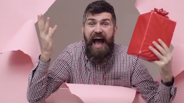 有胡子的人带礼品盒 有胡子的人与礼物 粉红色背景的男性与胡子 — 图库视频影像