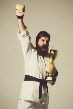 mutlu karate erkek kimono, boks eldivenleri, şampiyon Kupası sakallı