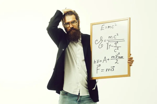 Bearded man with einstein formula and newtons law — Stock Photo, Image