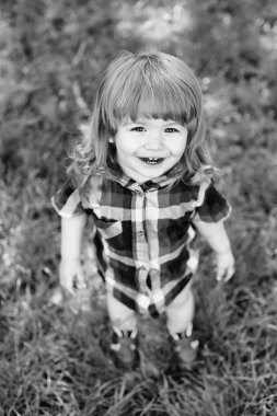 Yeşil çimenlerin üzerinde mutlu küçük çocuk