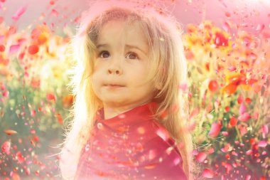 Bahar günü çayırda şirin çocuk. Yaz günü çayır üzerinde şirin çocuk.