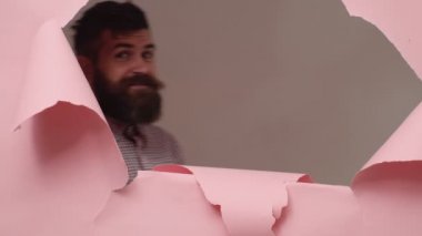 Pembe bir arka plan üzerinde mutlu sakallı adam. Farklı duygular shoving sakallı adam. Sakallı adam farklı belirtileri gösterir.