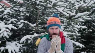 Genç adam bir soğuk kış günü sıcak çay içme sakallı