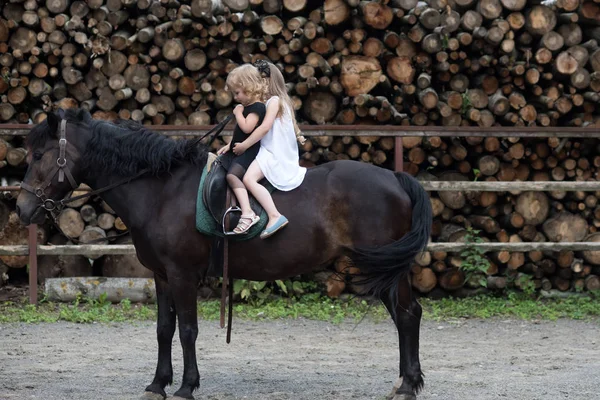Reittherapie Erholungskonzept Kinder Sitzen Reitersattel Auf Dem Rücken Der Tiere — Stockfoto