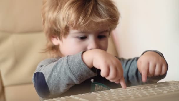 Pequeno Menino Sentado Com Laptop Olhando Desenhos Animados Menino Aprendendo — Vídeo de Stock