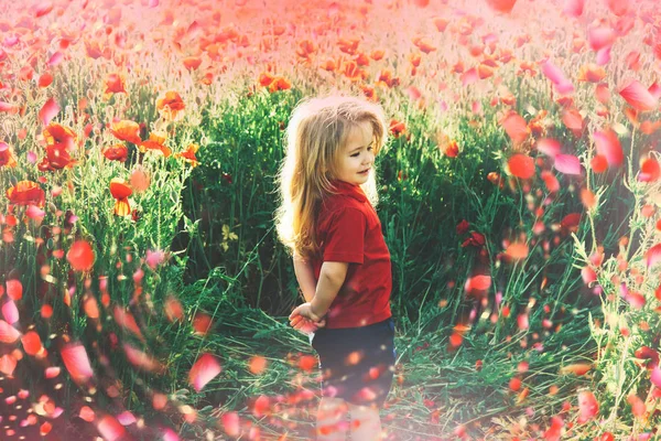 Dziecko w wiosenna łąka. Dziecko posiadające fui łące — Zdjęcie stockowe