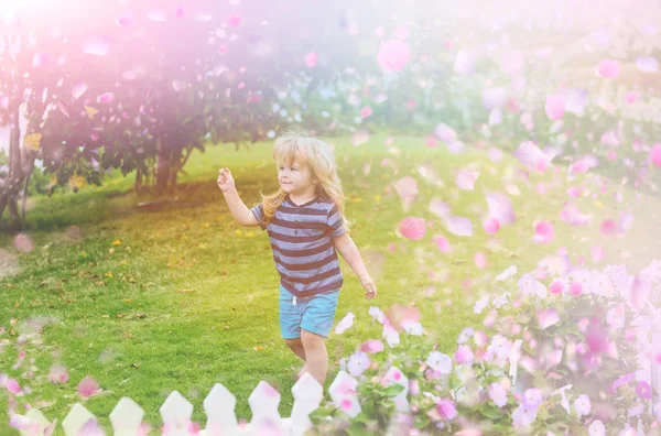 Bambino felice nei fiori. Ragazzo nei fiori — Foto Stock