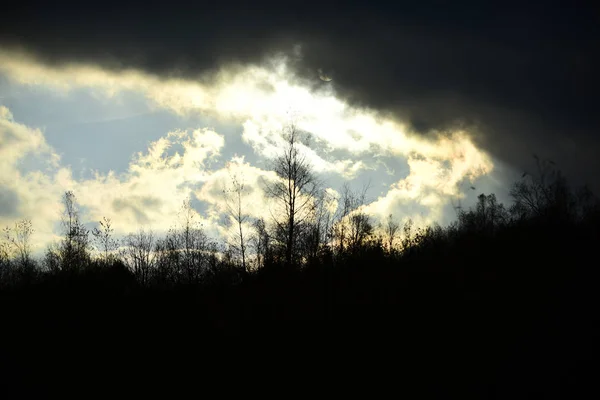 Autumn landscape concept. Sun makes its way through menacing clouds