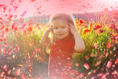 Bahar çayır çocuk. Çayırda Fui olan çocuğun