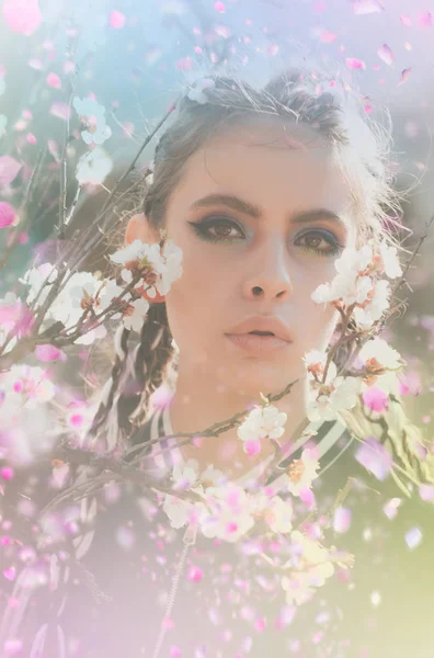 Chica con árbol de sacura. Cerezo . — Foto de Stock