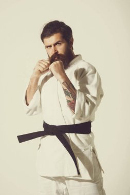 Sakallı karate adam, acımasız beyaz ciddi hipster kimono içinde
