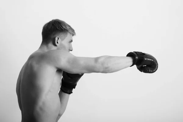 Boxeador, hombre, posando en guantes rojos en postura de boxeo —  Fotos de Stock