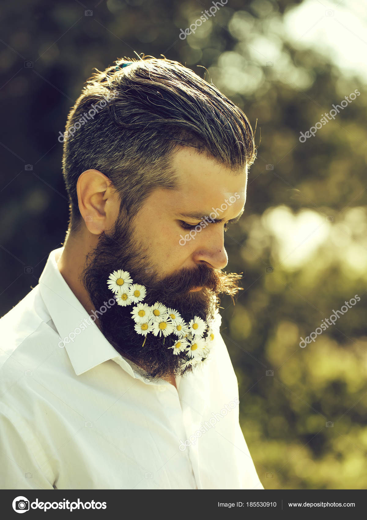 Handsome Man With Flowers In Beard Stock Photo