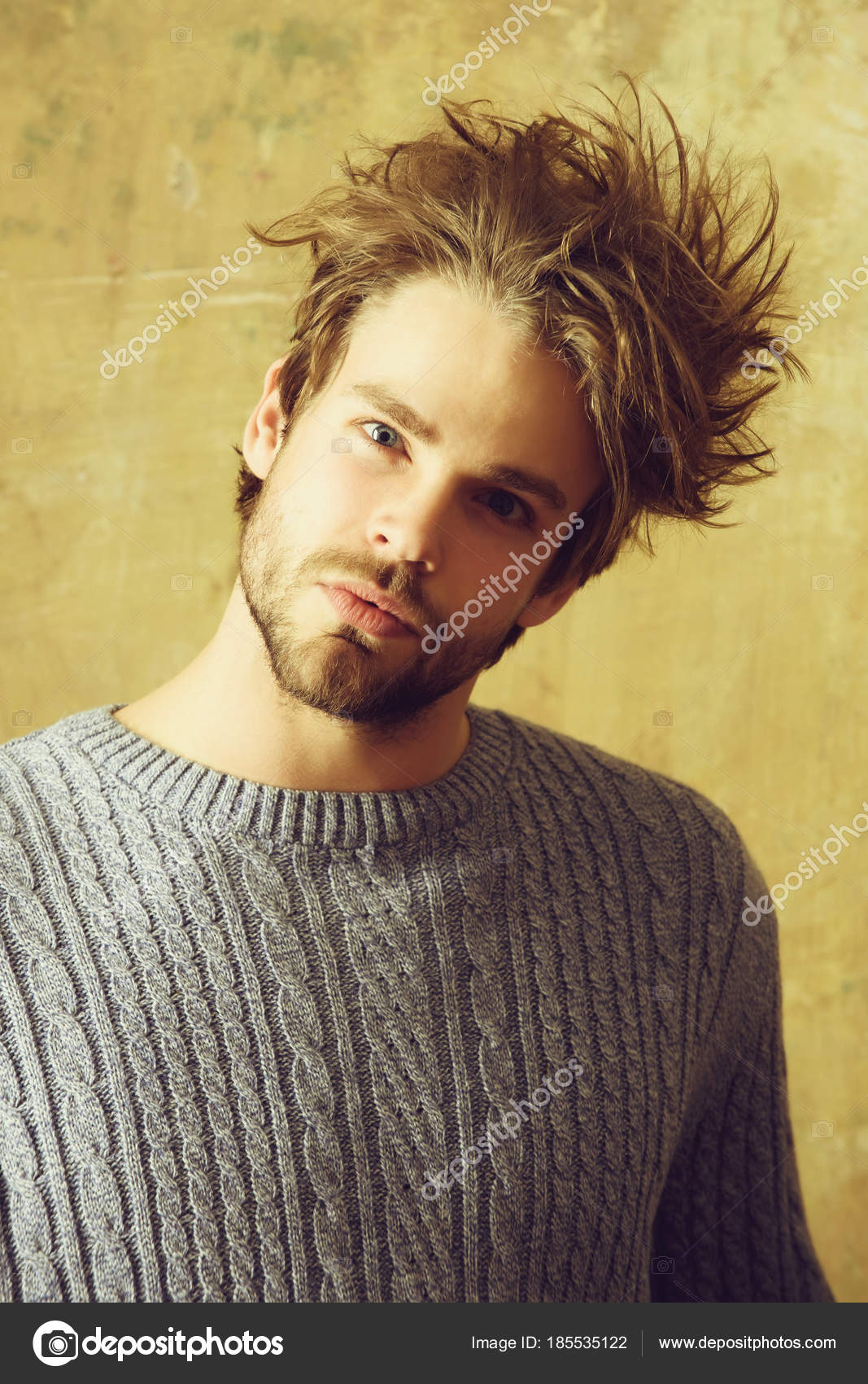 Guy Or Handsome Man With Stylish Haircut And Beard Stock