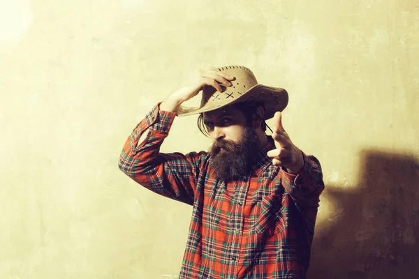 Bearded man with long beard in cowboy hat — Stock Photo, Image