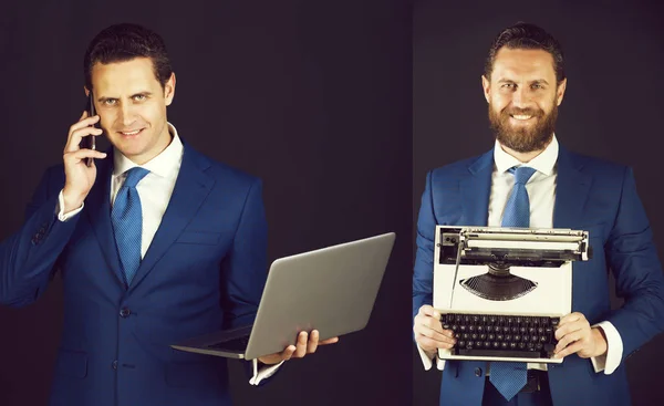 Hombre de negocios con teléfono, portátil y máquina de escribir — Foto de Stock