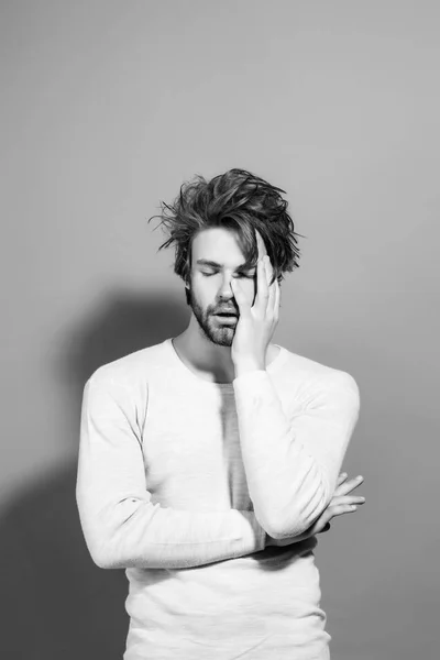 Sleepy man with long uncombed hair in morning — Stock Photo, Image