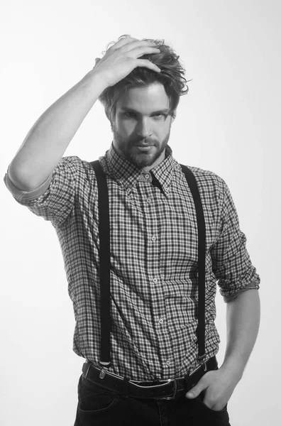 Przystojny mężczyzna z stylowe włosów w kraciaste koszule z pończoch — Zdjęcie stockowe