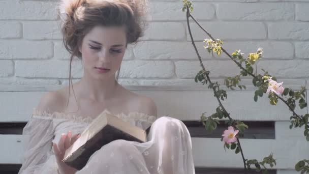 Cute Girl Reading Book Victorian Girl Book — Stock Video