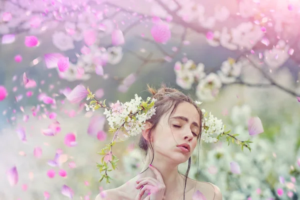 Chica con árbol de sacura. Cerezo . — Foto de Stock