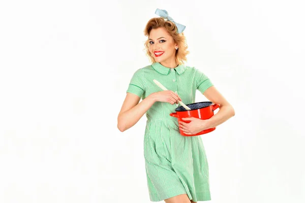 Pinup woman cook hold kitchenware, retro style, maid.