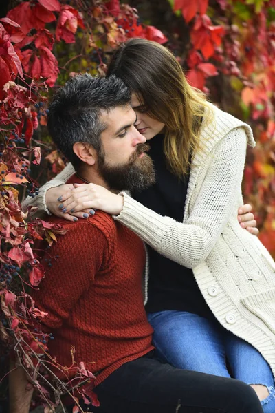 Casal no amor abraços com folhas vermelhas no fundo — Fotografia de Stock