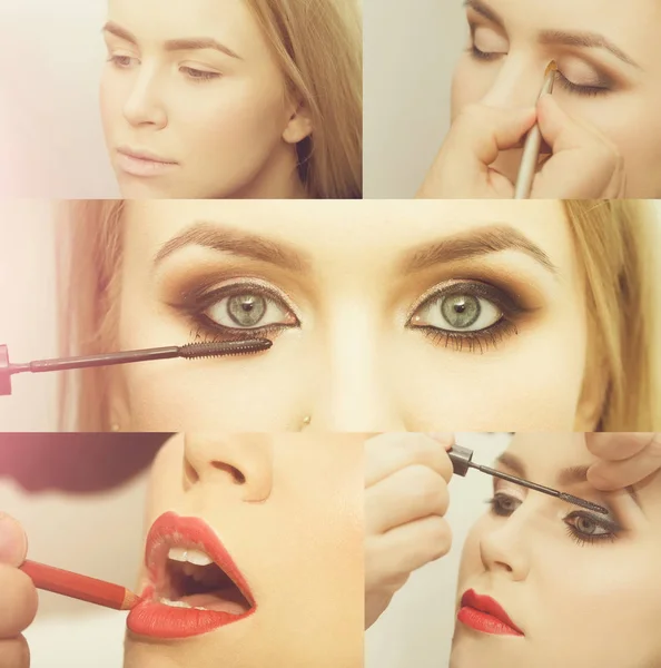 Askel askeleelta meikki oppitunti, ennen ja jälkeen meikki — kuvapankkivalokuva
