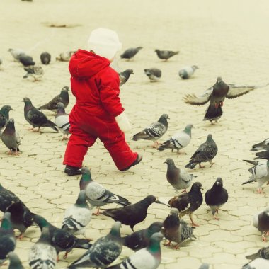 Kırmızı sıcak genel olarak güvercinler ile yürüyen çocuk