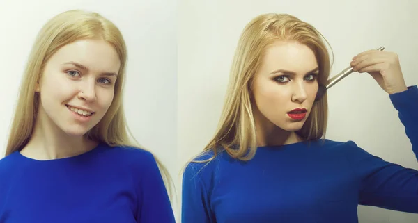 Menina antes e depois da maquiagem — Fotografia de Stock