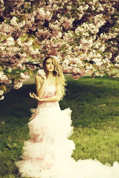 Жінка в рожевій сукні біля цвітіння — стокове фото