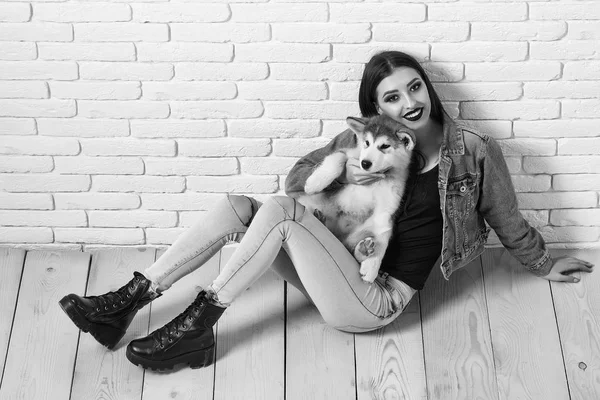 Ziemlich sexy Mädchen mit Husky-Hund — Stockfoto